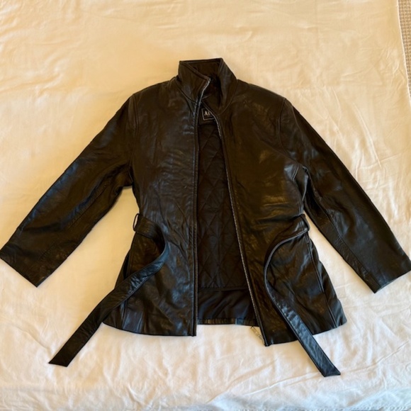 Adler Collection Womens Black Lambskin Leather Full Zip Coat with Belt, Large - Picture 5 of 13